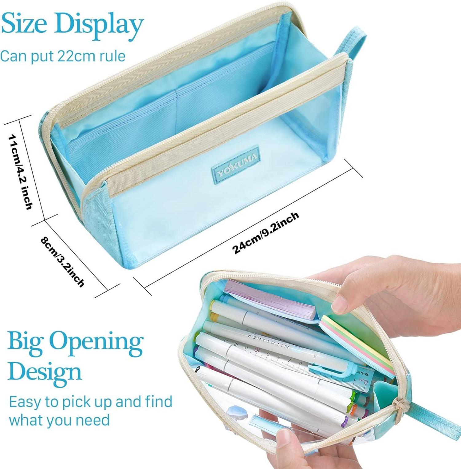 YOKUMA Mädchen Federmäppchen Durchsichtig Groß für Schule Aesthetic Pencil Case Blau