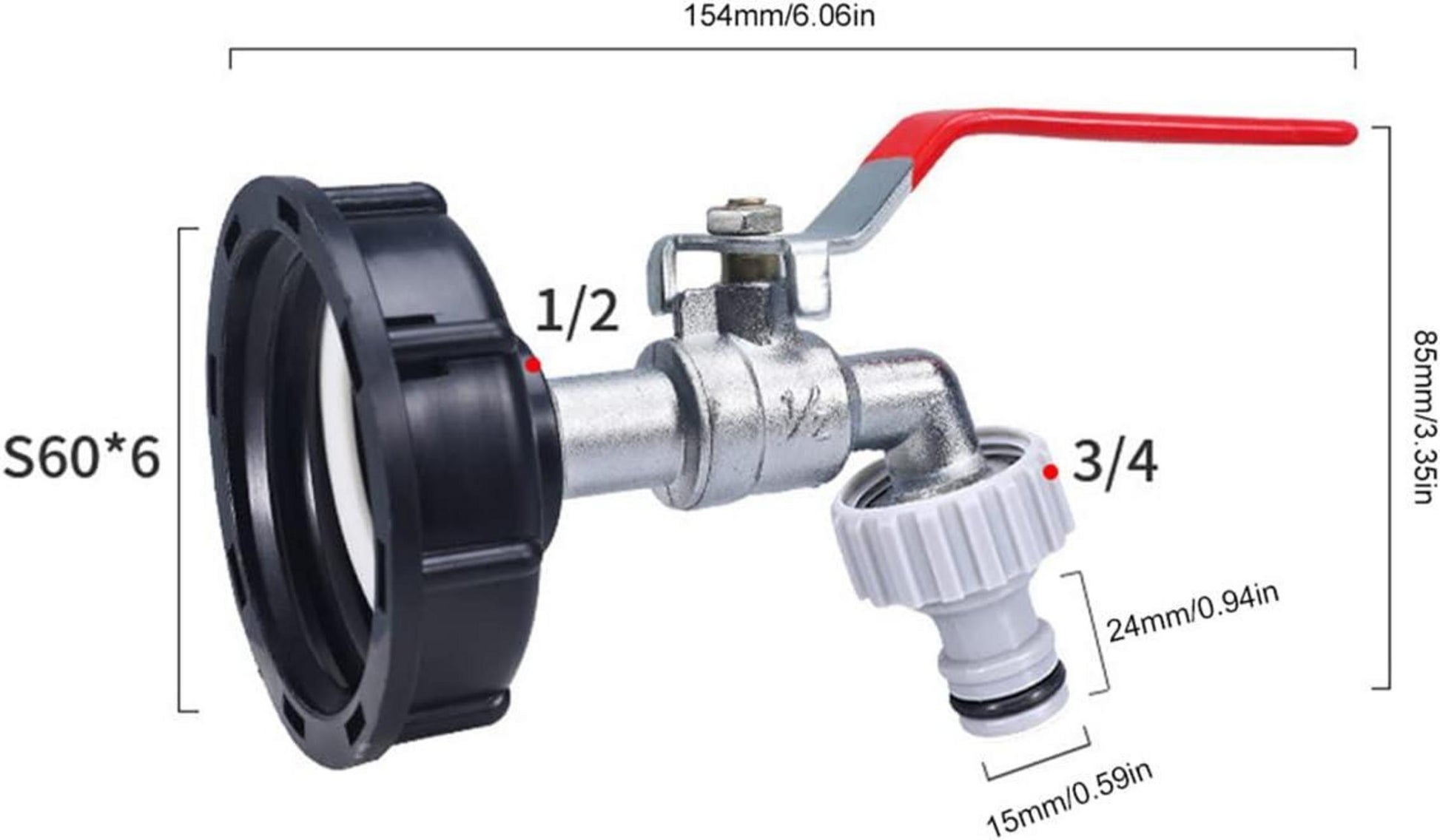 Regenwassertank IBC Tank Adapter Auslaufhahn Gartenschlauch 1000L 1/2 Zoll