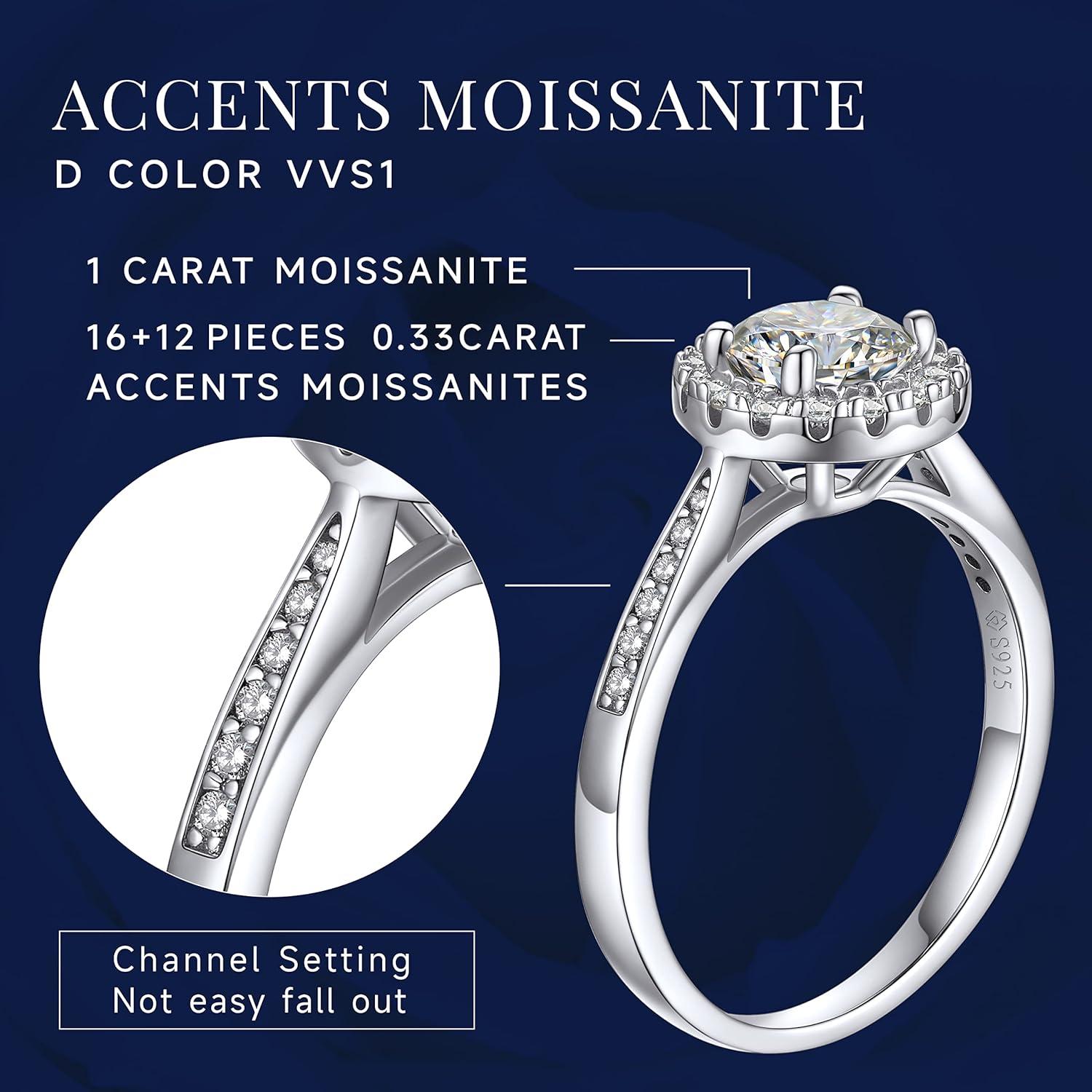 Verlobungsring Damen Silber 1 Karat Moissainte Halo Valentinstag Jahrestag Geschenk
