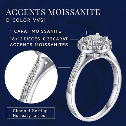 Verlobungsring Damen Silber 1 Karat Moissainte Halo Valentinstag Jahrestag Geschenk