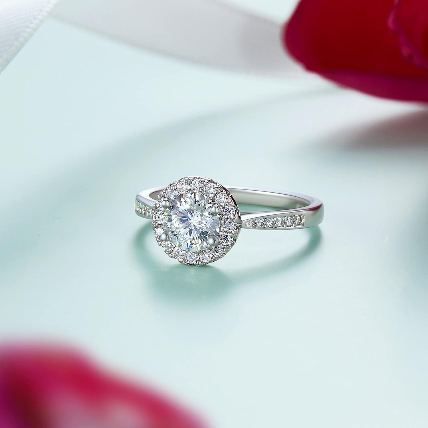 Verlobungsring Damen Silber 1 Karat Moissainte Halo Valentinstag Jahrestag Geschenk