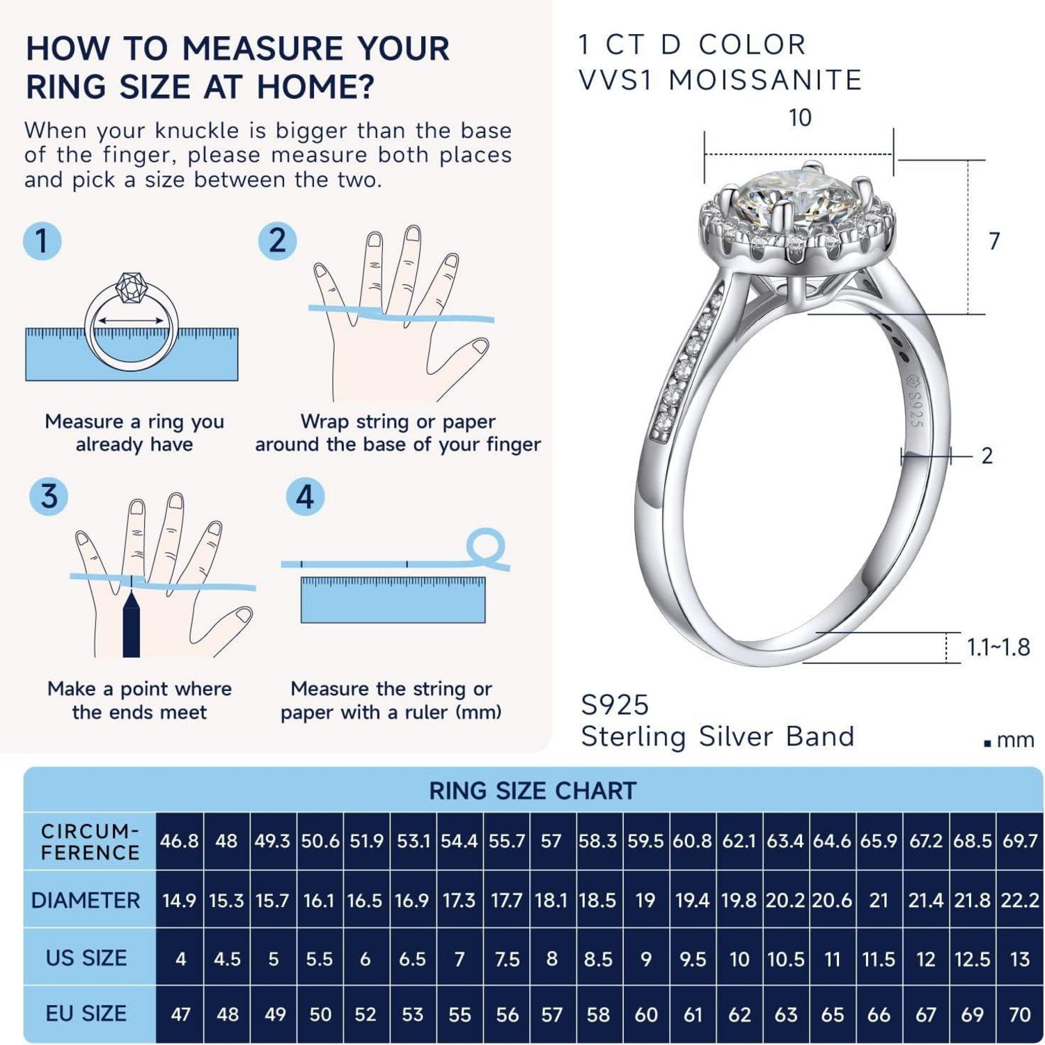 Verlobungsring Damen Silber 1 Karat Moissanite Halo Valentinstag