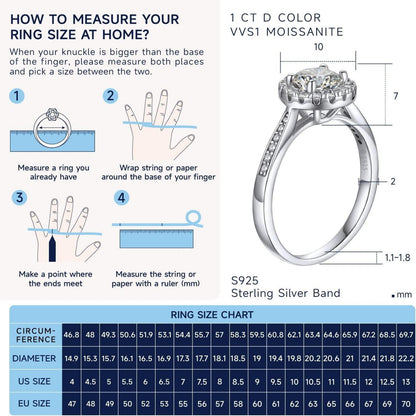 Verlobungsring Damen Silber 1 Karat Moissanite Halo Valentinstag