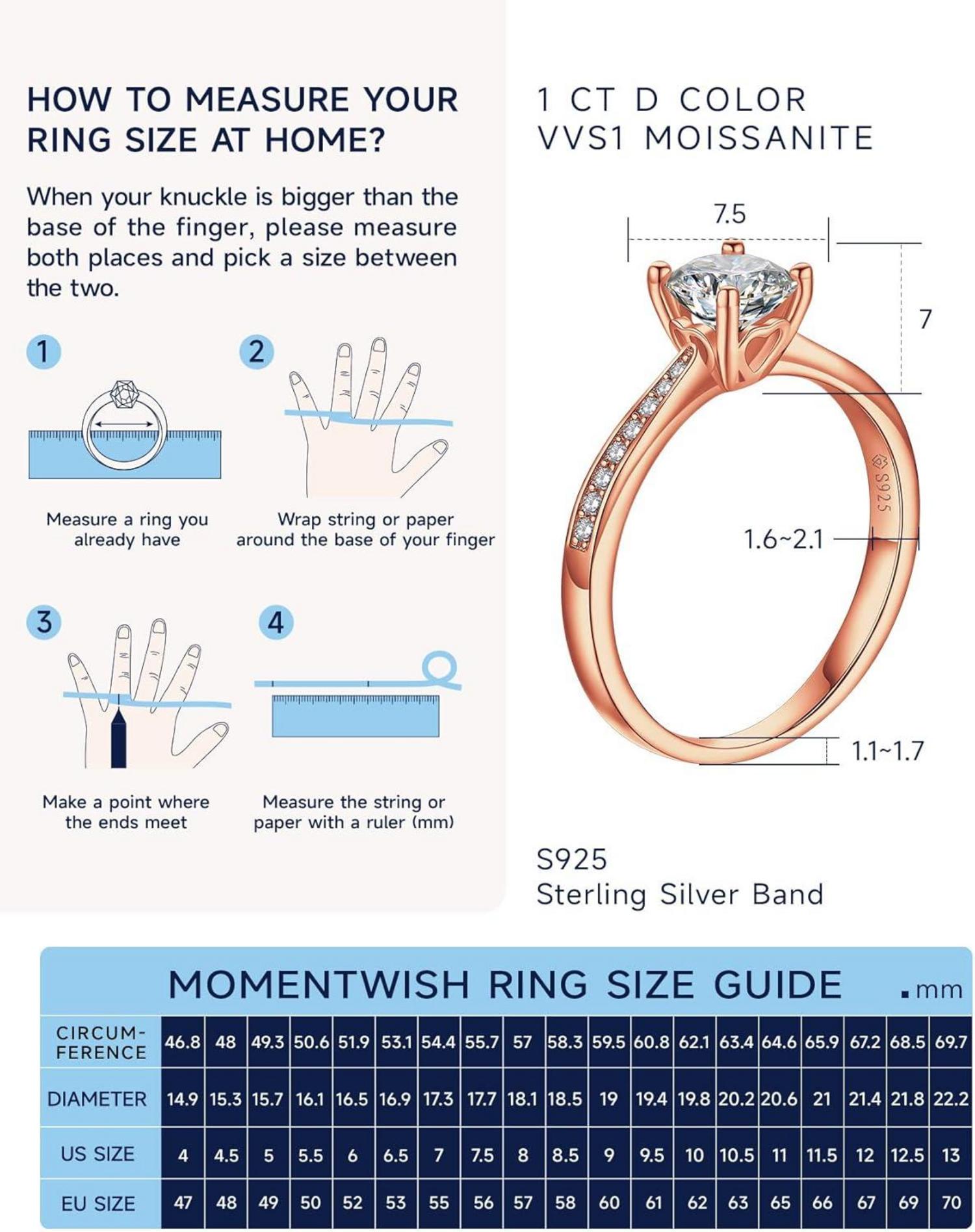 Verlobungsring Damen 1 Karat Moissanite Diamant Ring 925 Silber VVS1 D Farbe