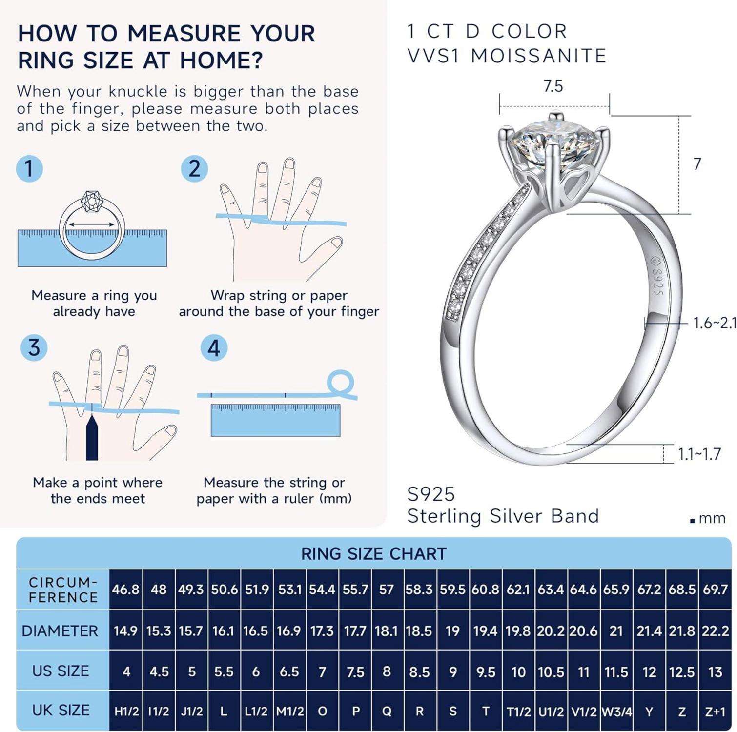 Verlobungsring Damen 1 Karat Moissanite Diamant Silber VVS1 D Farbe