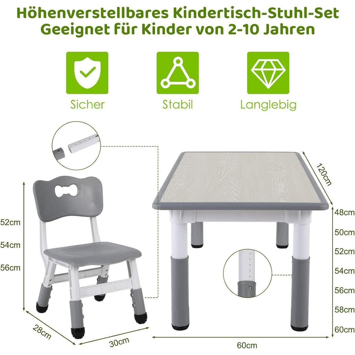 Höhenverstellbares Kindertisch Set mit 4 Stühlen, Grau