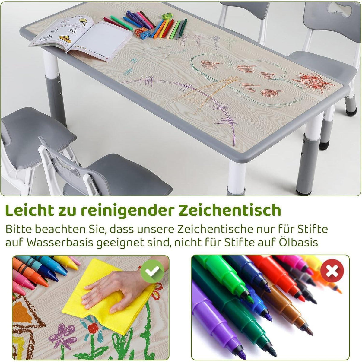 Höhenverstellbares Kindertisch Set mit 4 Stühlen, Grau