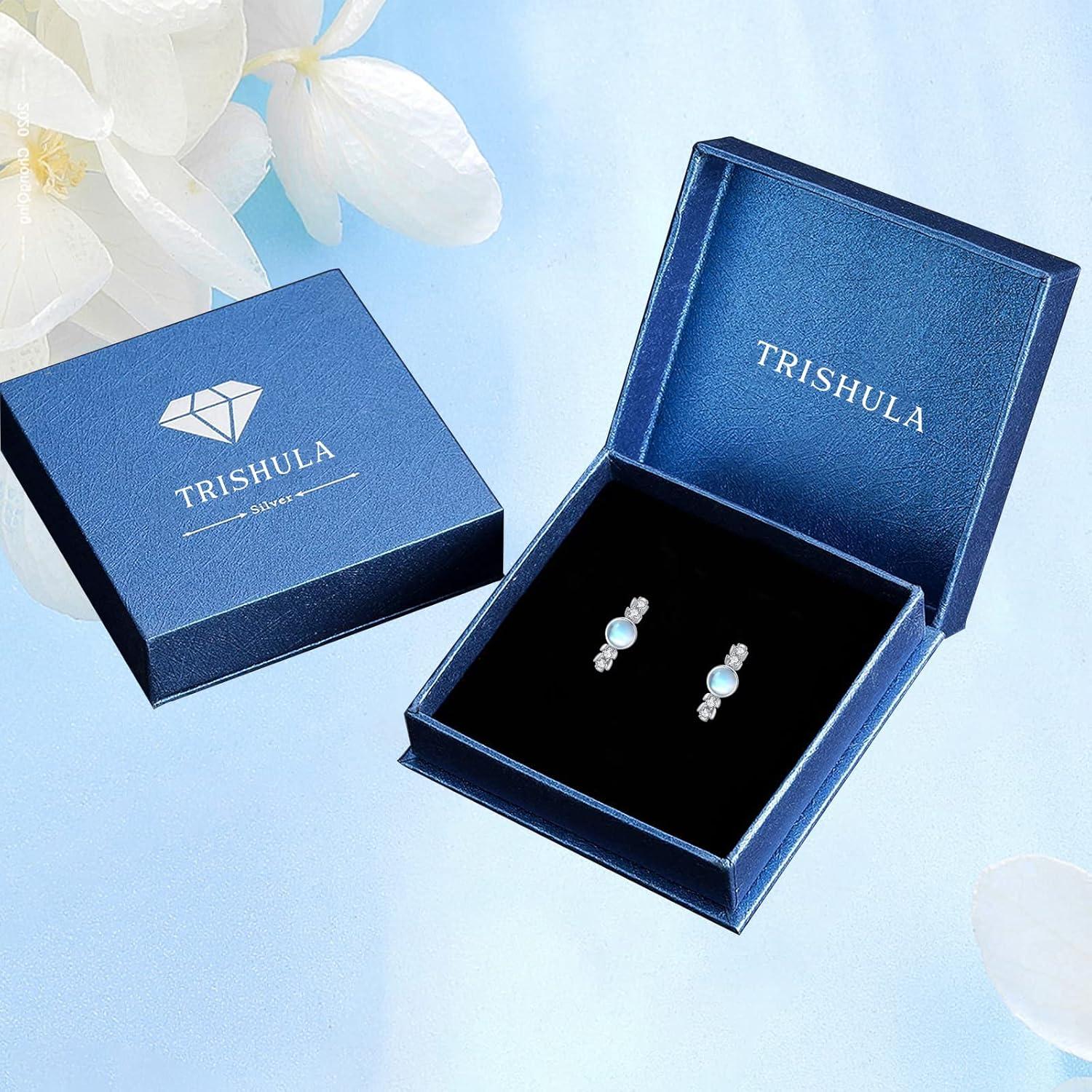 TRISHULA Mondstein Ohrringe 925 Silber Halbe Creolen Zirkonia hypoallergen
