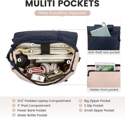 Damen Rucksack Laptop 15,6 Zoll USB Ladeanschluss Wasserdicht Rosa Dunkelblau