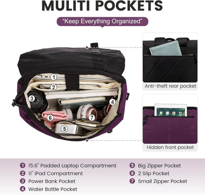 15,6 Zoll Laptop Rucksack Damen USB Lila Schwarz