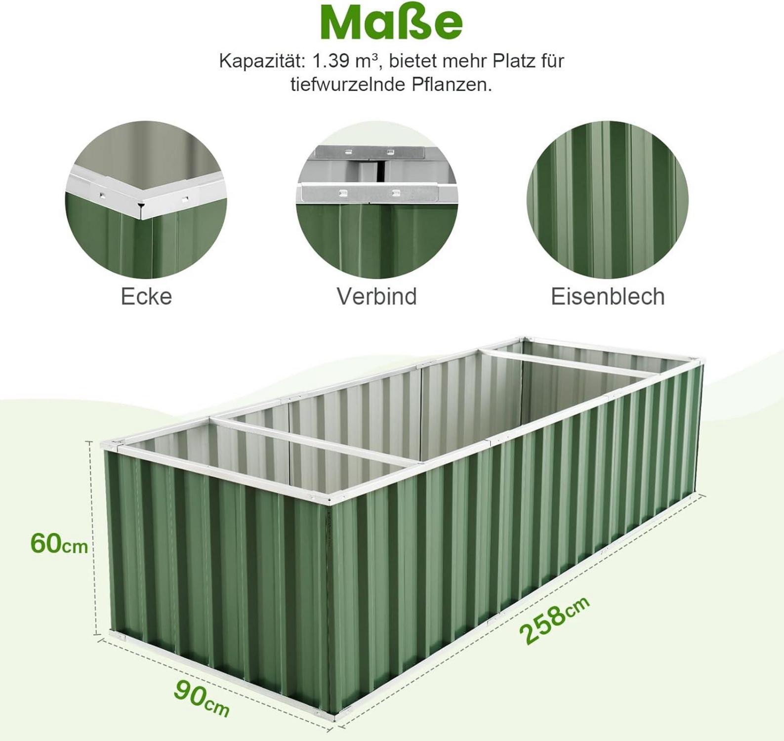 Hochbeet Metall 258x90x60cm, verzinkter Stahl, robust, wetterfest, einfacher