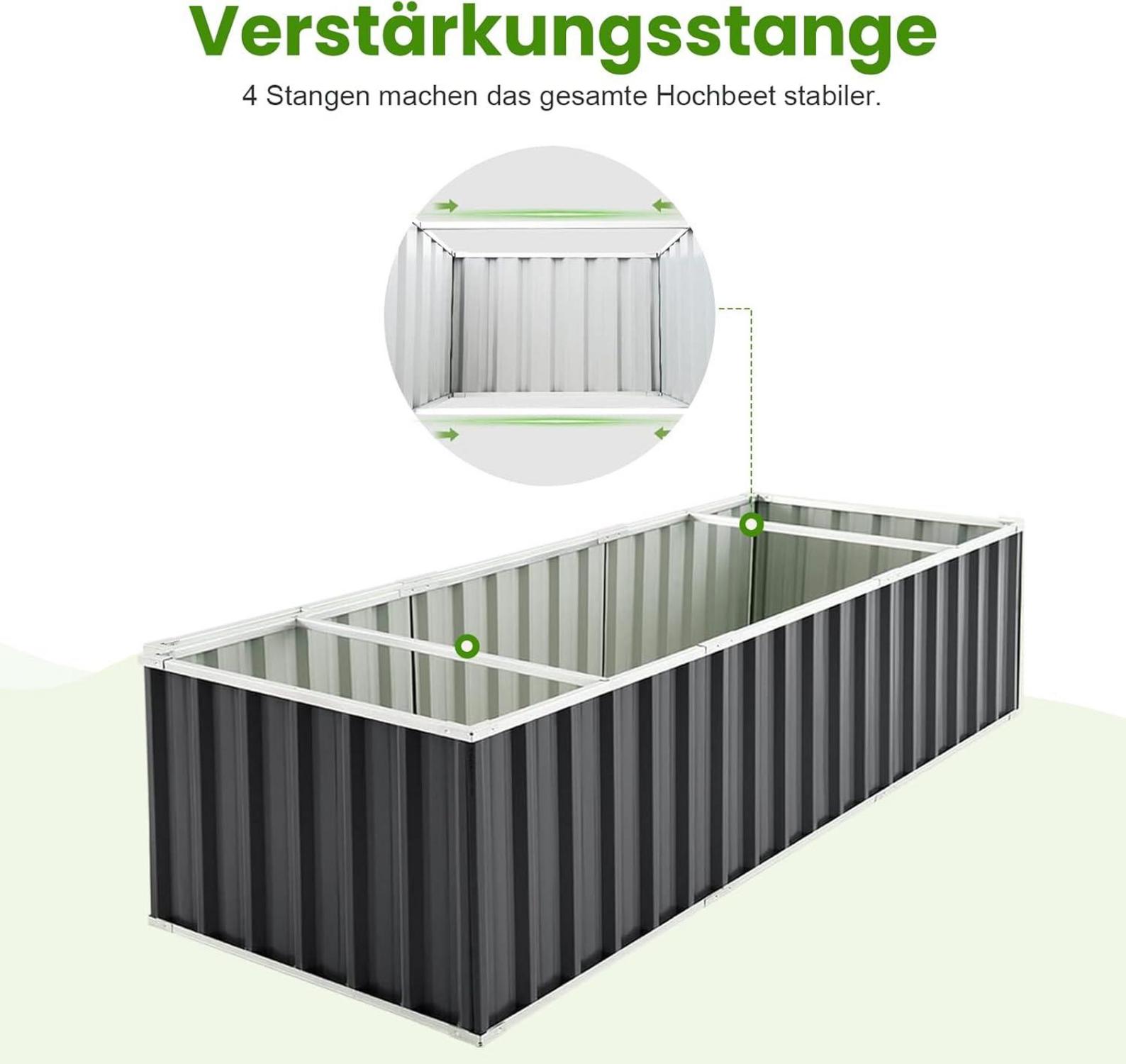 Hochbeet Metall 258x90x60cm für Garten, Verzinkter Stahl, Rostfrei & Wetterfest