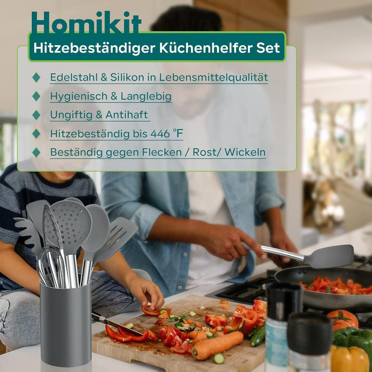 10-teiliges Silikon Küchenhelfer Set mit Edelstahlgriff, Grau