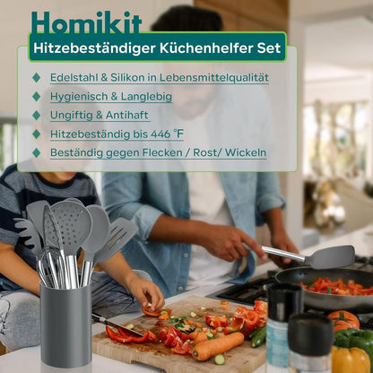 10-teiliges Silikon Küchenhelfer Set mit Edelstahlgriff, Grau