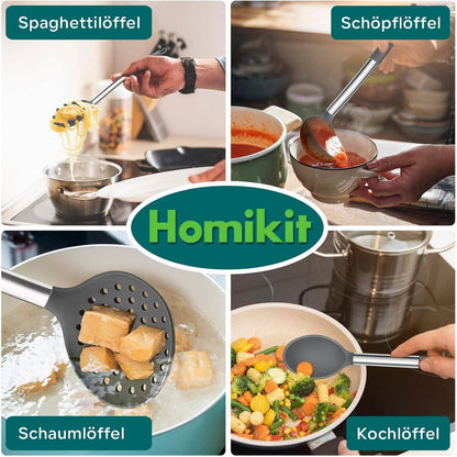 10-teiliges Silikon Küchenhelfer Set mit Edelstahlgriff, Grau