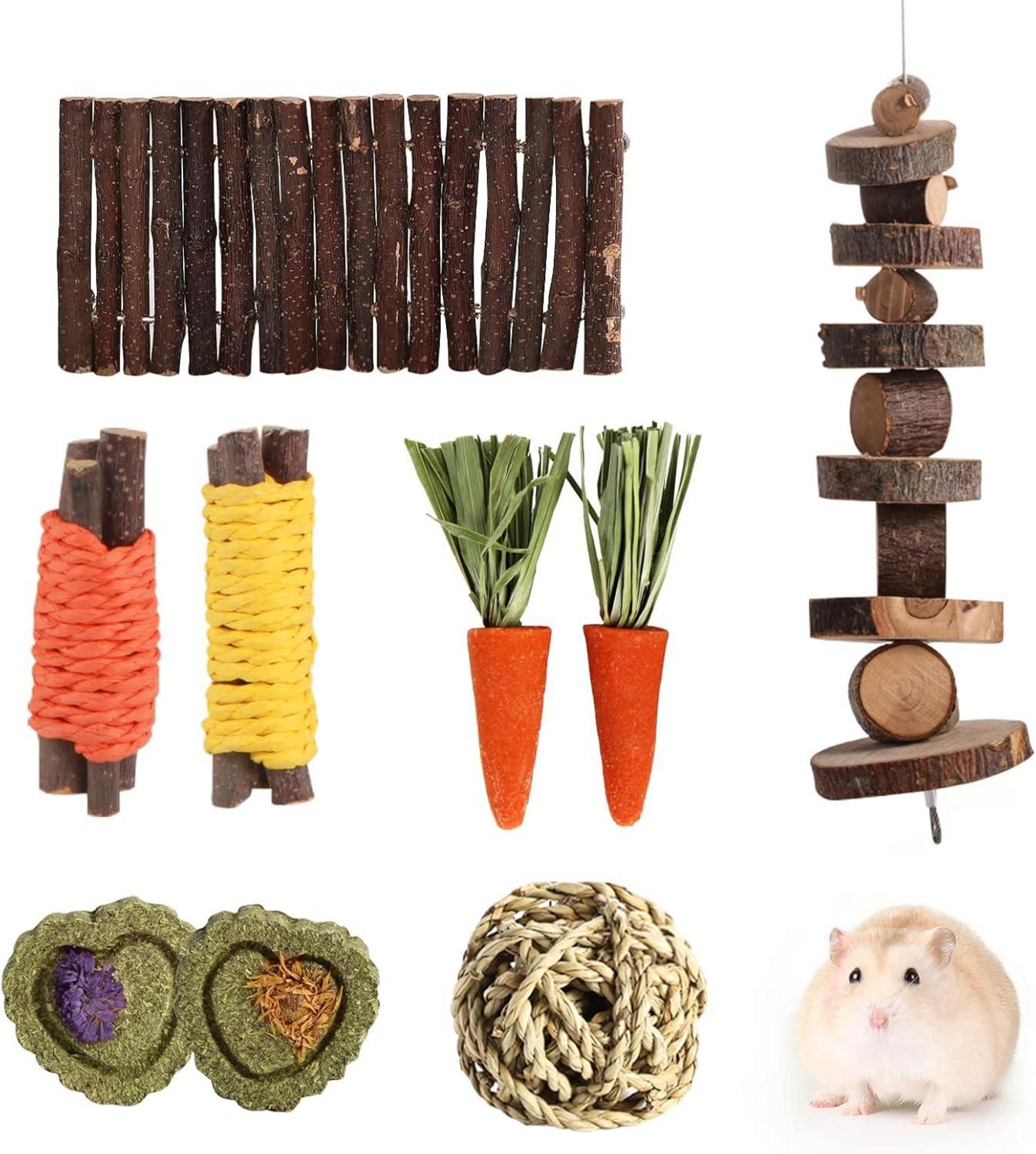 Hamster Kauspielzeug Set, Natürliche Holzhanteln & Spielzeug für