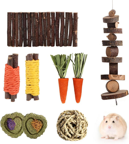 Hamster Kauspielzeug Set, Natürliche Holzhanteln & Spielzeug für