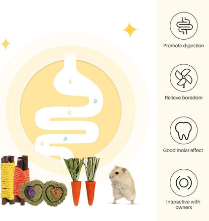 Hamster Kauspielzeug Set | Naturholz Brücke | Molarenkuchen | Apfelholzstäbchen | 9teilig