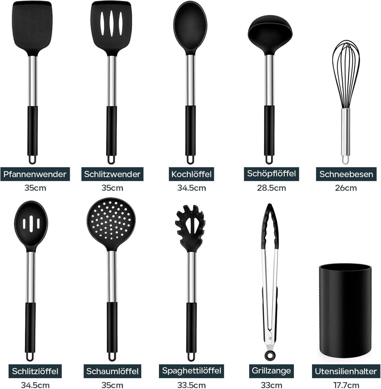 Küchenhelfer Set 10-teilig Silikon Edelstahlgriff Schwarz