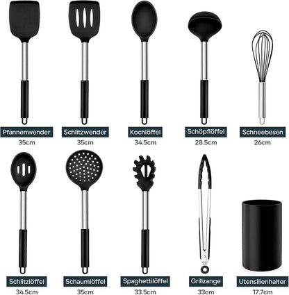 Küchenhelfer Set 10-teilig Silikon Edelstahlgriff Schwarz