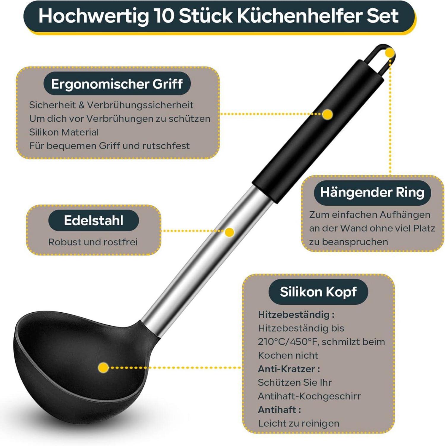 10-teiliges Silikon Küchenutensilien Set mit Edelstahlgriff