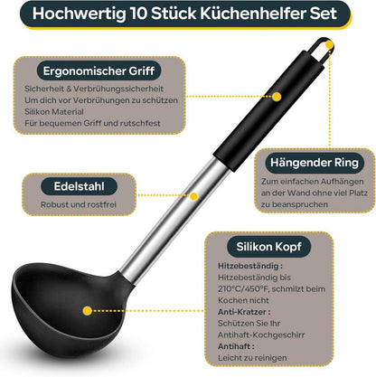 10-teiliges Silikon Küchenutensilien Set mit Edelstahlgriff