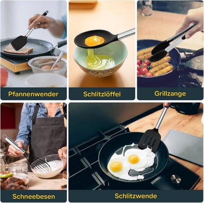 Küchenhelfer Set 10-tlg. Silikon Kochutensilien Schwarz Edelstahl