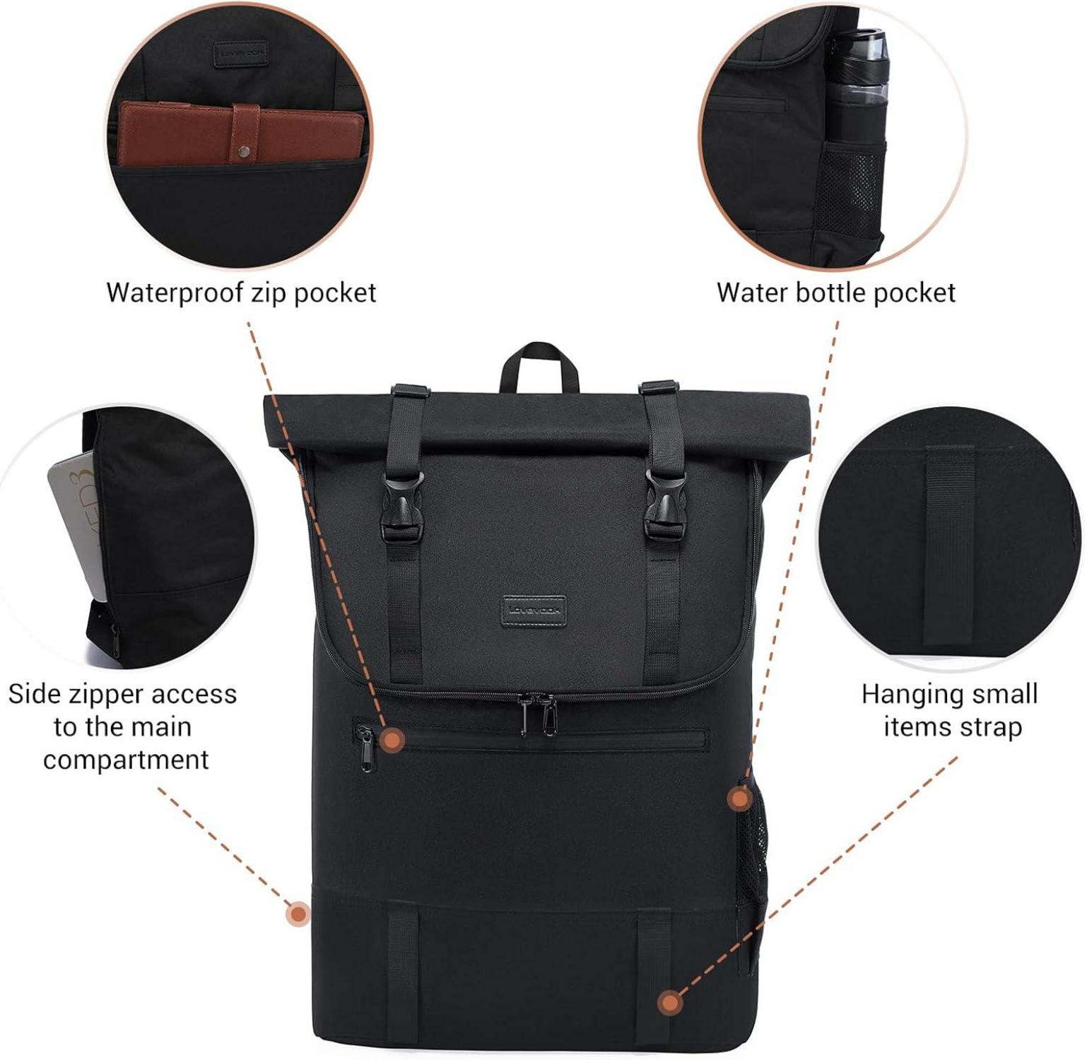 Rolltop Rucksack Laptop 15,6 Zoll Schwarz Wasserdicht Uni Travel Business