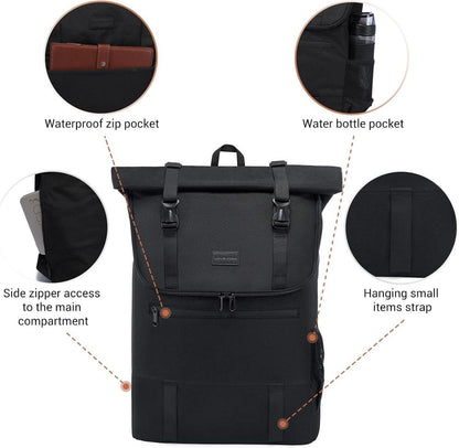 Rolltop Rucksack Laptop 15,6 Zoll Schwarz Wasserdicht Uni Travel Business