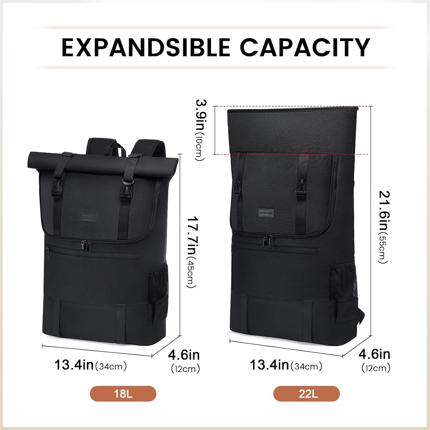 Rolltop Rucksack 15,6 Zoll Laptop Damen Herren Schwarz