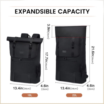 Rolltop Rucksack 15,6 Zoll Laptop Damen Herren Schwarz