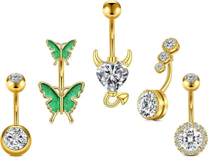 Bauchnabelpiercing Gold 14G 10mm Chirurgenstahl Schmetterling 5St