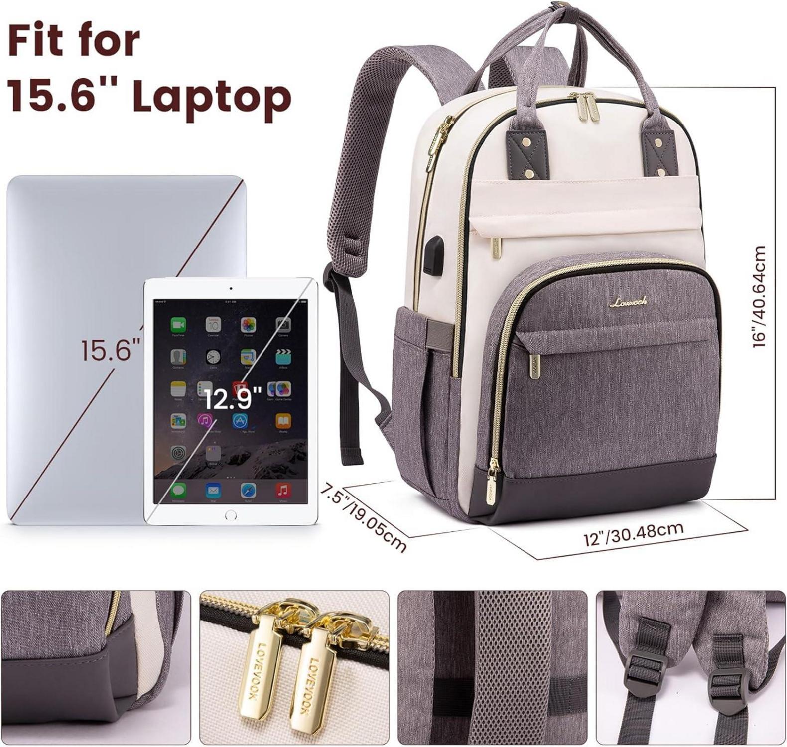 LOVEVOOK Rucksack Damen 15.6 Zoll Laptop Schulrucksack Mädchen Wasserdicht Anti-Diebstahl Beige Grau