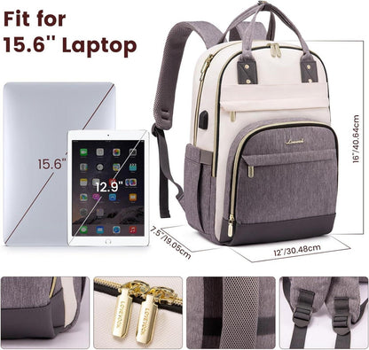 LOVEVOOK Rucksack Damen 15.6 Zoll Laptop Schulrucksack Mädchen Wasserdicht Anti-Diebstahl Beige Grau