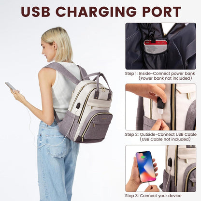 Damen Rucksack 15.6 Zoll Laptop Schulrucksack Wasserdicht Beige Grau