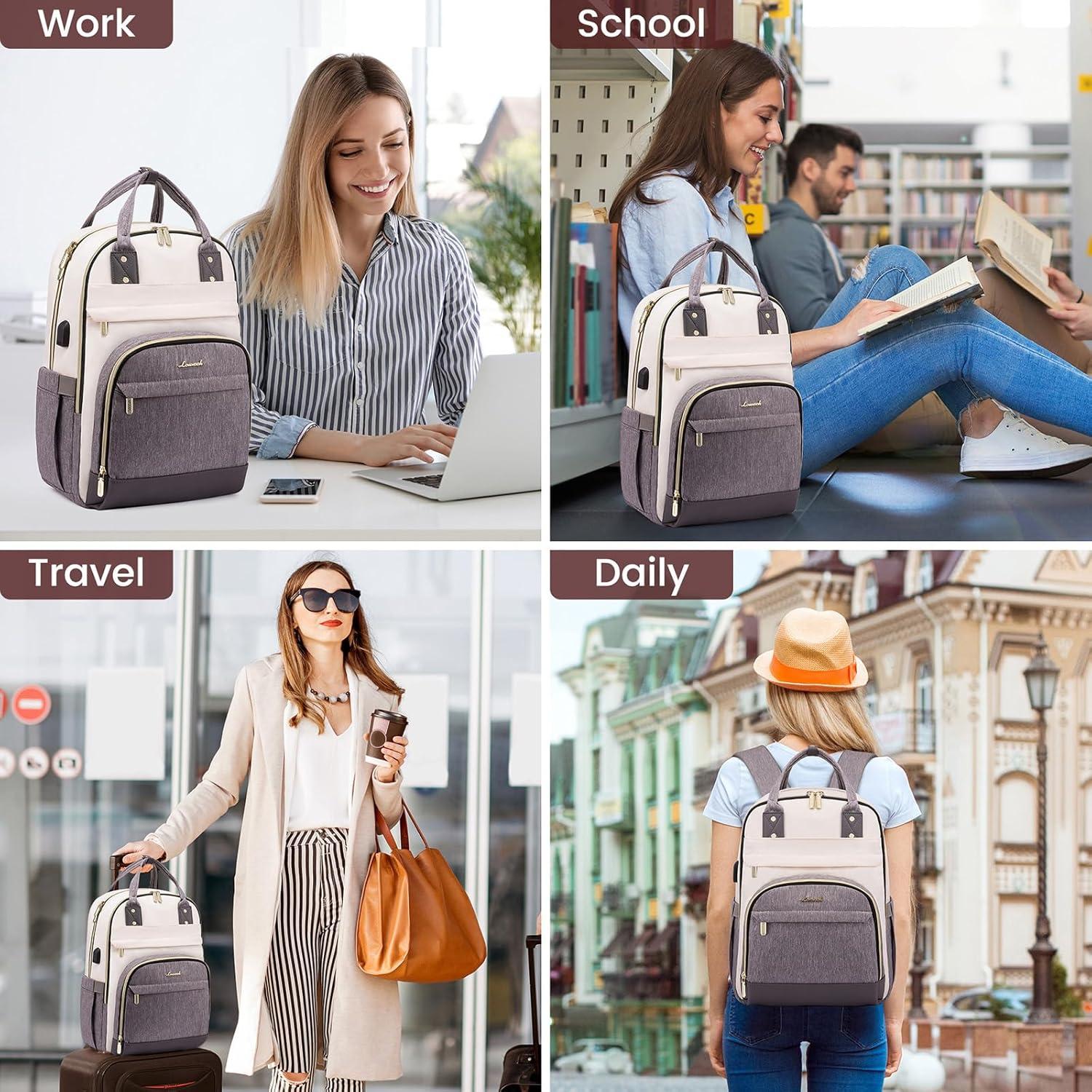 Damen Rucksack 15.6 Zoll Laptop Schulrucksack Wasserdicht Beige Grau