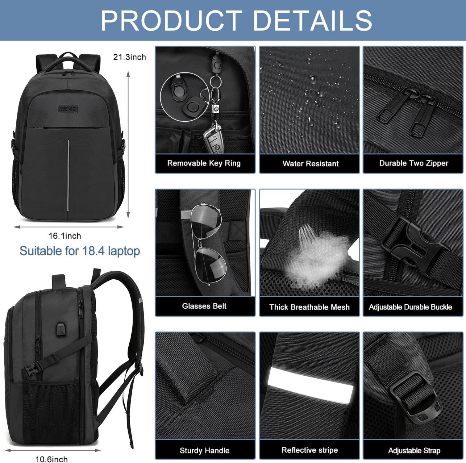 Extra Groß Rucksack Herren 55L 18.4 Zoll Laptop USB Ladeanschluss Schwarz