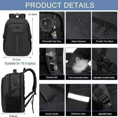 Extra Groß Rucksack Herren 55L 18.4 Zoll Laptop USB Ladeanschluss Schwarz