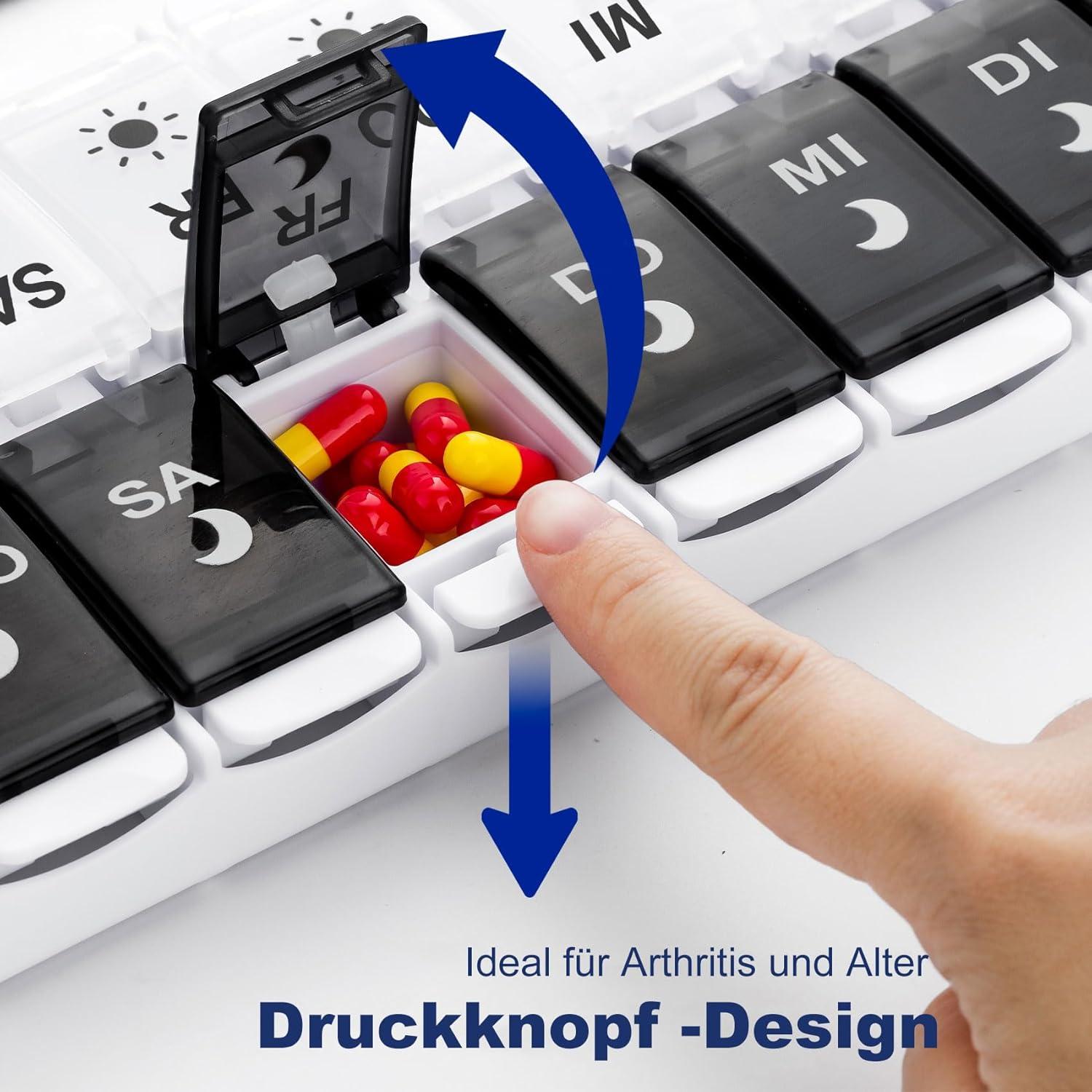 Tablettenbox 7 Tage Pillendose Organizer 14 Fächer Schwarz