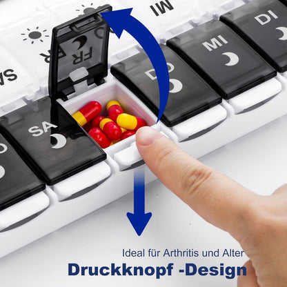 Tablettenbox 7 Tage Pillendose Organizer 14 Fächer Schwarz