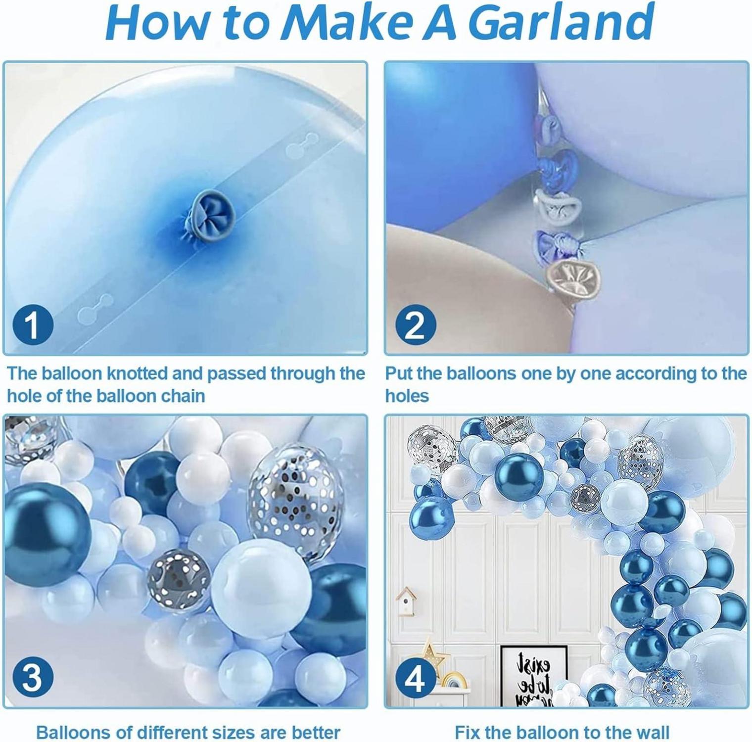 Luftballon Girlande Blau Weiß Metallic Konfetti für Babyparty Hochzeit