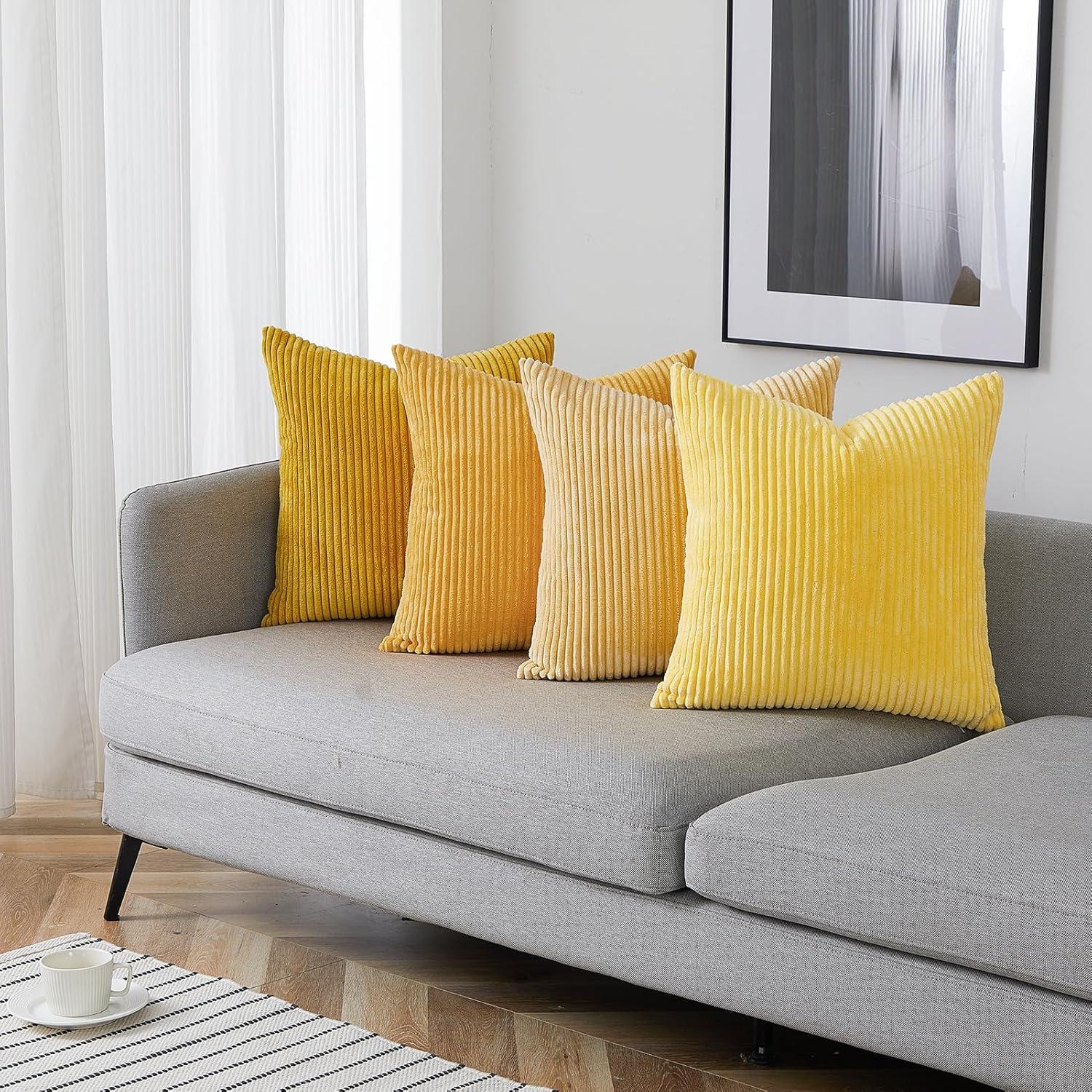 Topfinel Kissenbezug gelb 40x40 4er Set Kordsamt flauschig für Sofa und Wohnzimmer