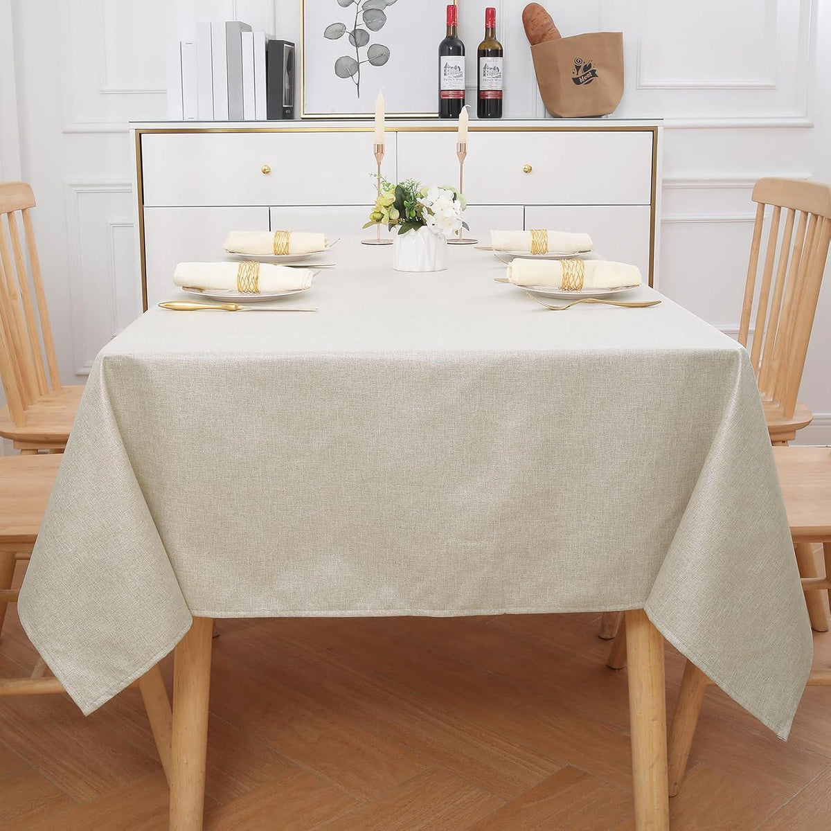 Abwaschbare Leinenoptik Tischdecke mit Lotuseffekt, Beige 140 x 180 cm