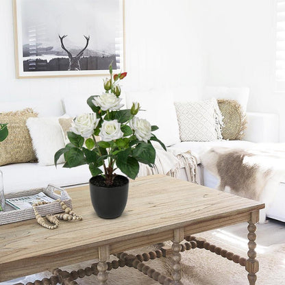 Kunstblumen Rosenbusch weiß im Topf 34cm, Deko Hochzeit Garten