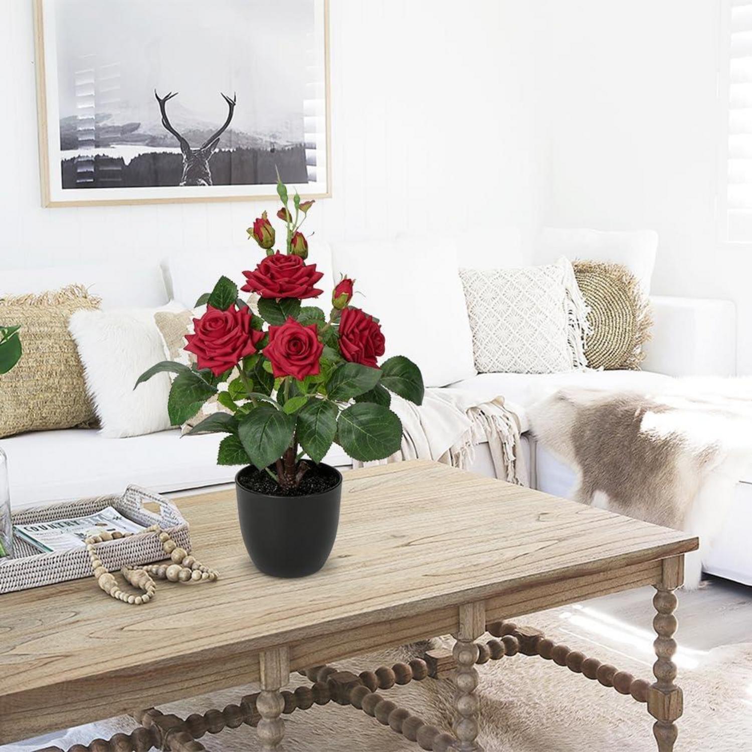 34CM Kunstblumen Rosenbusch Künstliche Pflanzen Deko Rosenstrauß Rot