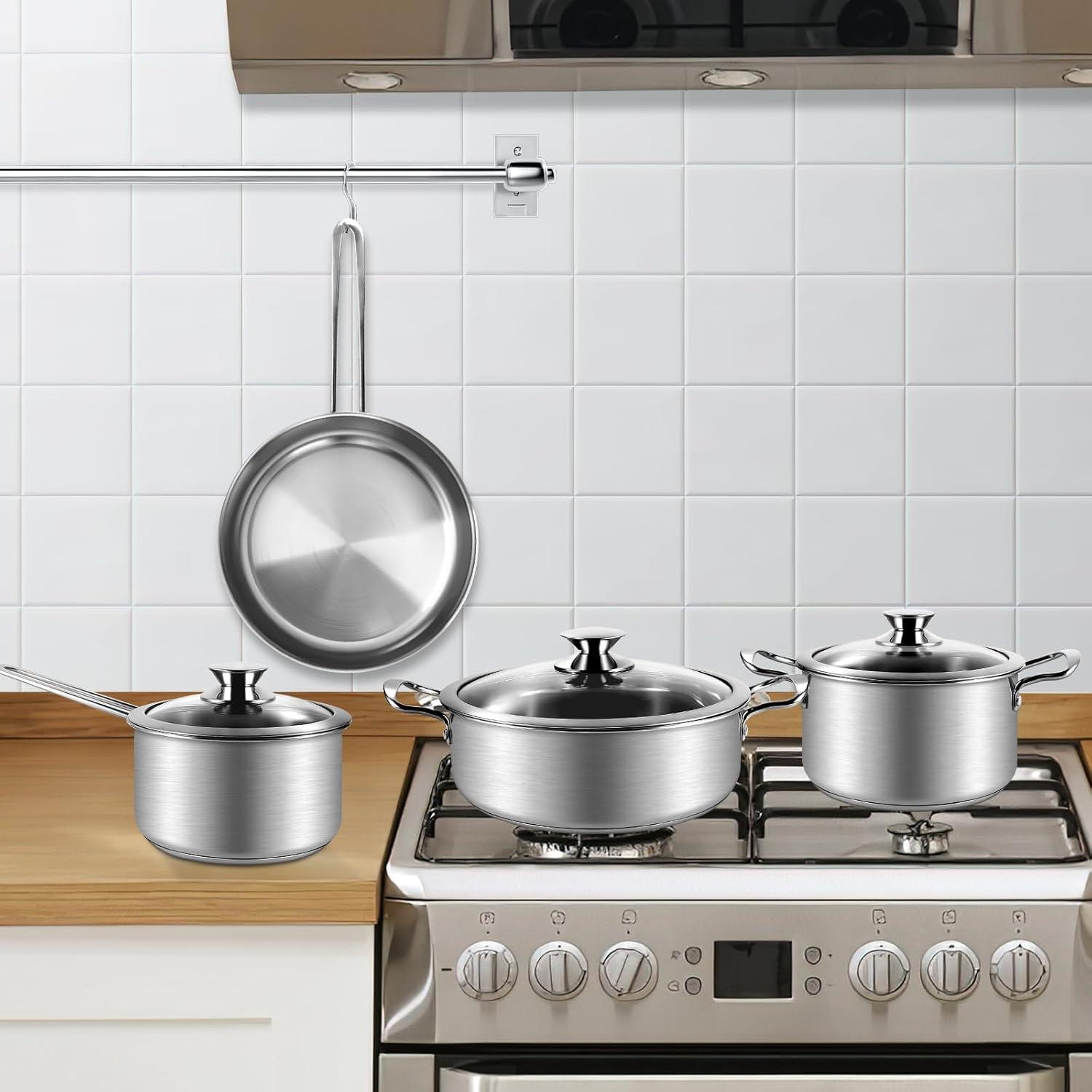7-teiliges Edelstahl Kochtopfset mit Glasdeckeln - Herd Backofen