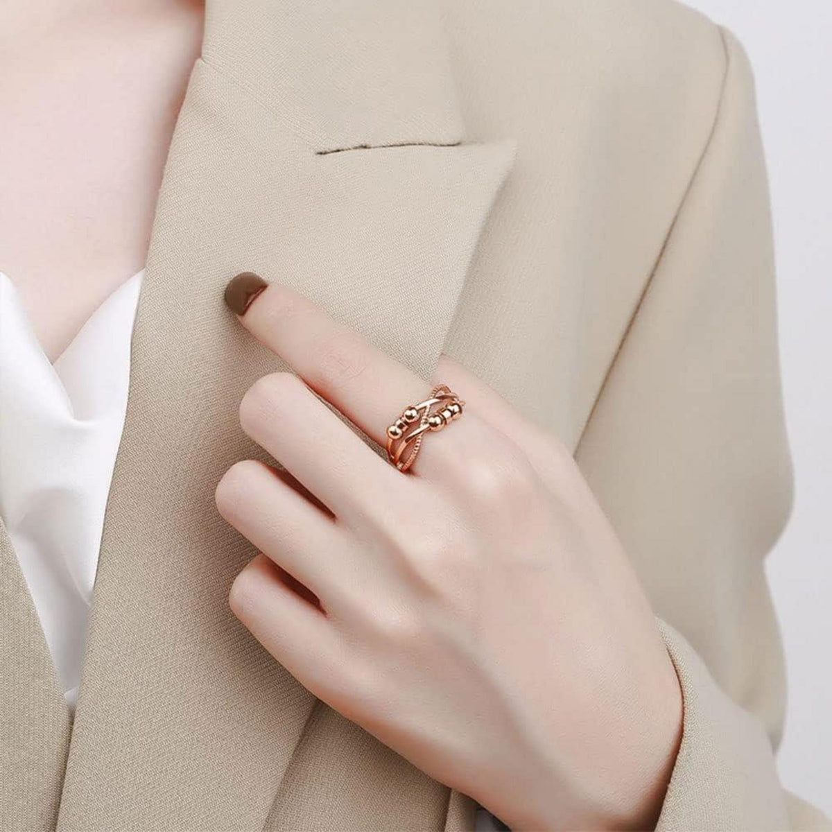 Verstellbarer Angst Ring 925 Sterling Silber Rosegold 6 Perlen