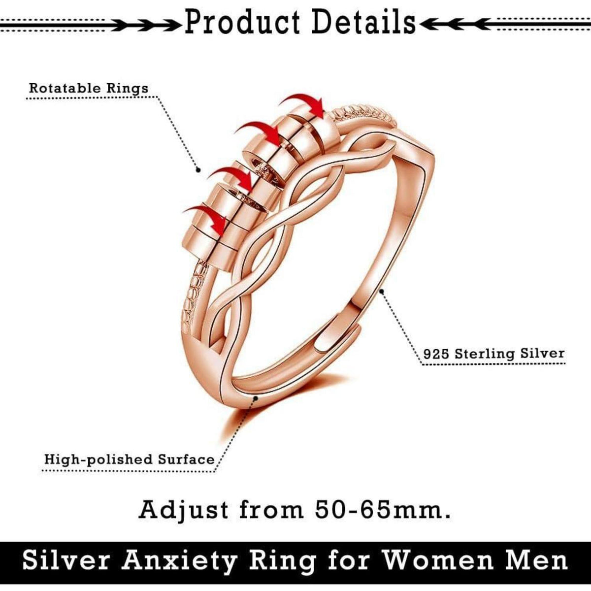 Einstellbarer 925 Sterling Silber Angst Ring mit 7 Perlen - Roségold