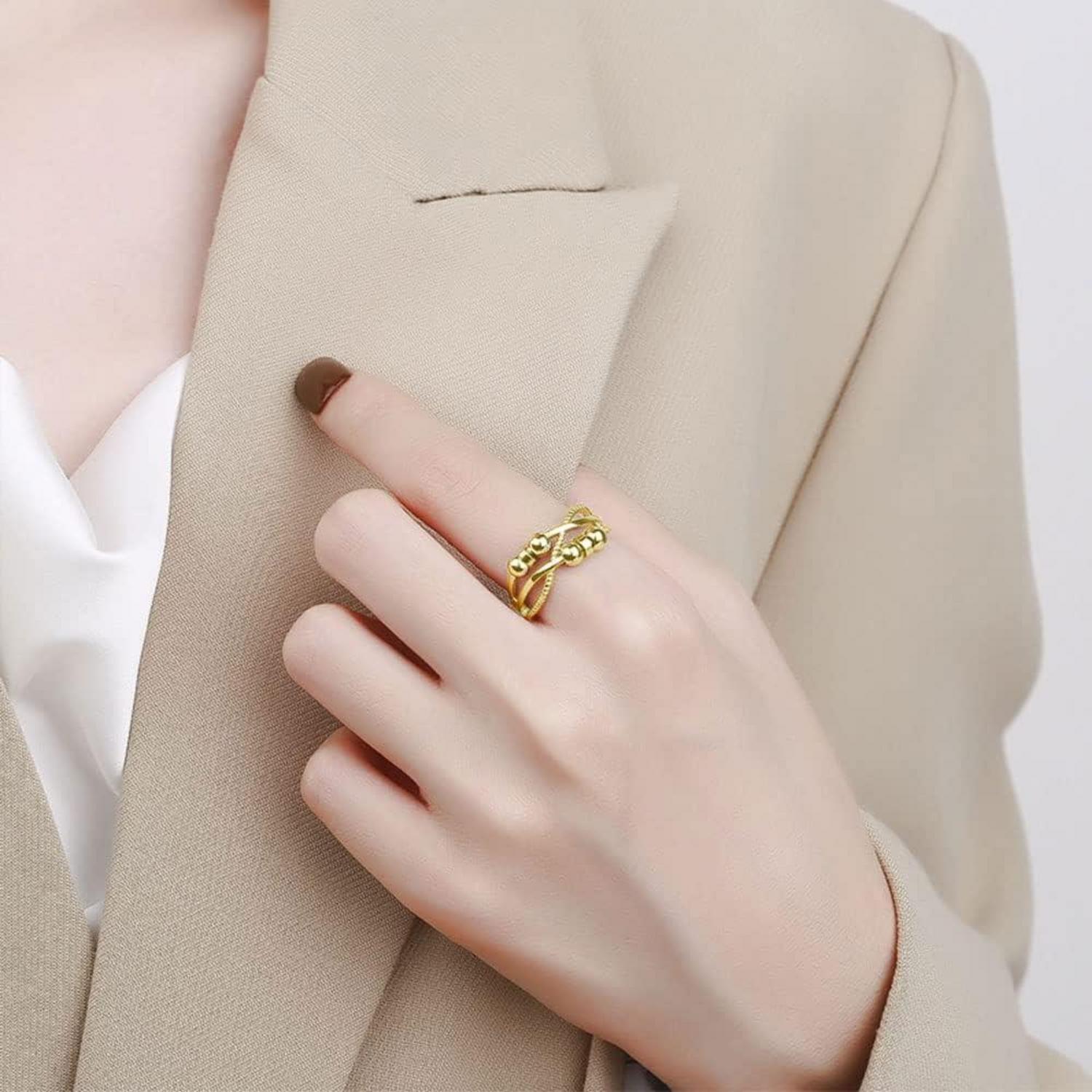Silber Angst Ring 925 Sterling Silber Offen Einstellbar Anti Stressring 6 Perlen Gold