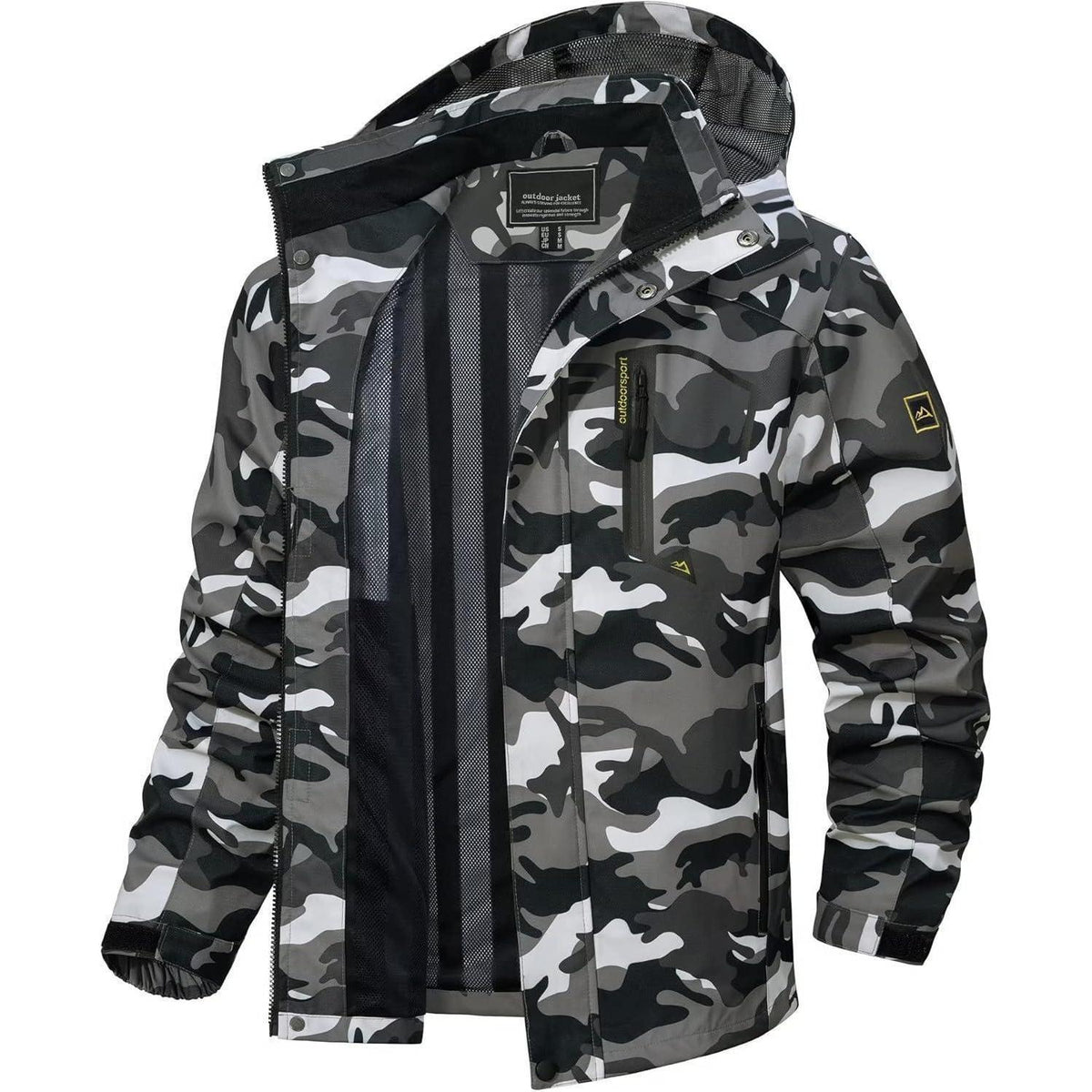 Herren Outdoorjacke wasserabweisend mit Kapuze – Schwarz Camo